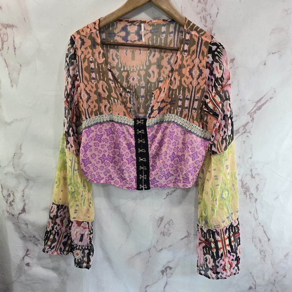 Free People Shirt Womens Large Pink Walk That Patchwork Wide Bell Blouse Crop